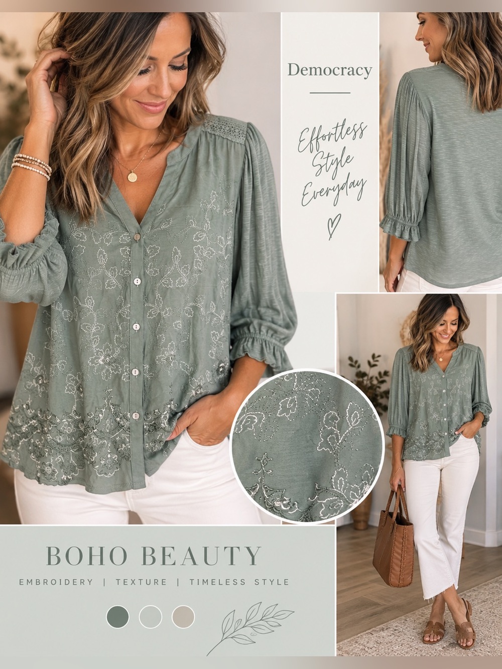 Democracy Sage Green Embroidered Boho Button Front Blouse Size M